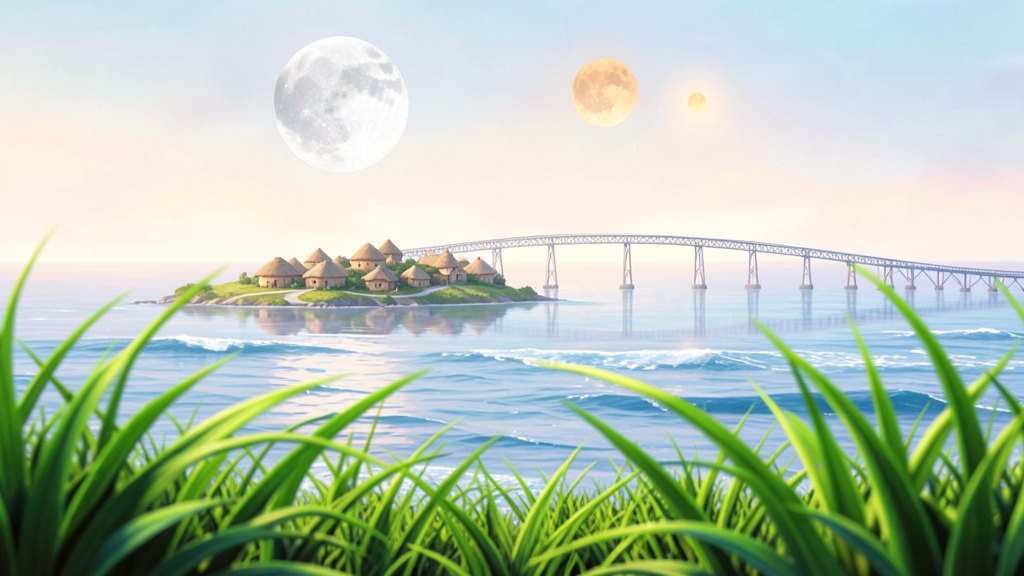 A tiny island village among giant grass, a long thin railway bridge over a calm sea, two moons in the sky